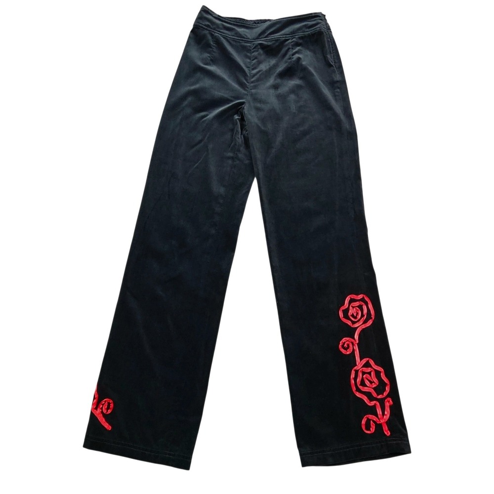 Hanna Andersson Womens Pants Sz 4 Black Cotton Velvet Rose Embroidered Side Zip